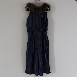 Janie and Jack Navy Striped jumpsuit with Faux Fur Collar